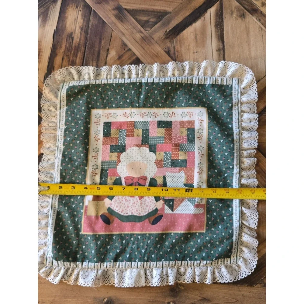 Vintage Handmade Bonnet Girl Pillow Cover Lace Ruffle Cottagecore Folk Art